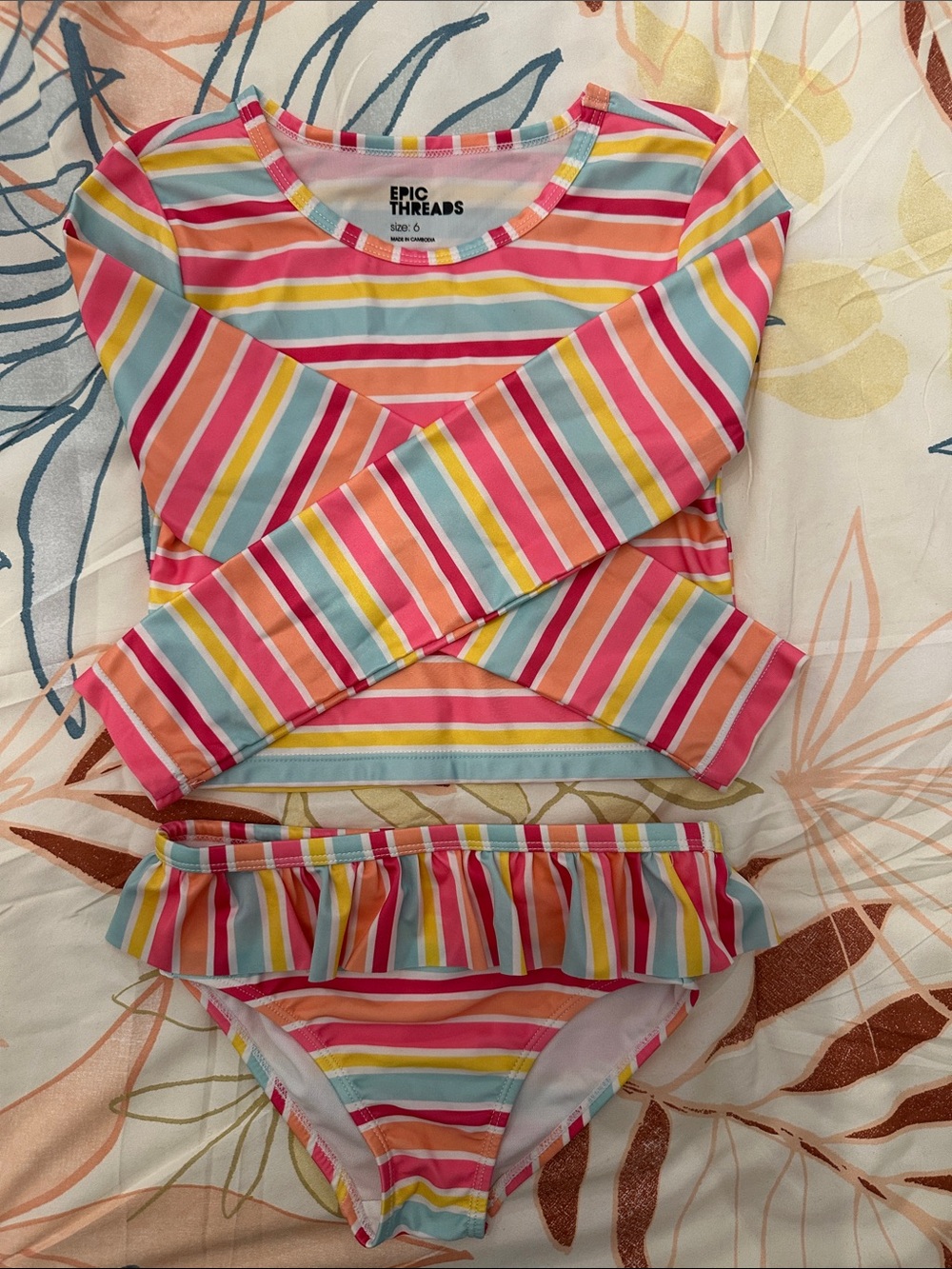 Epic Threads Girls' Coral Pink Multi-Stripe Long-Sleeve Rashguard Set